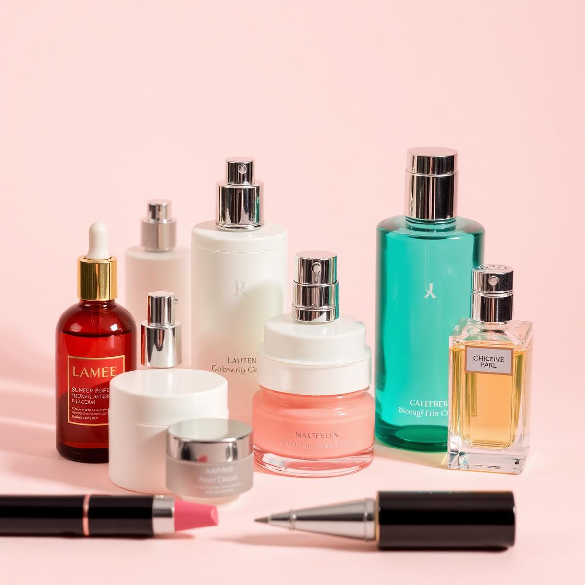 Luxury beauty products arranged on a neutral background